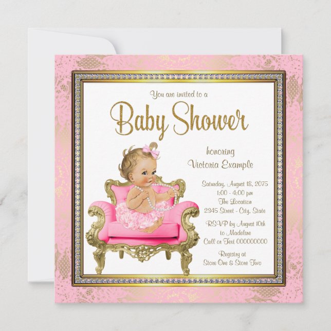 Invitation Baby Shower Fille Rose Chaise Perles Or (Devant)