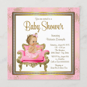 Invitation Baby Shower Fille Rose Chaise Perles Or
