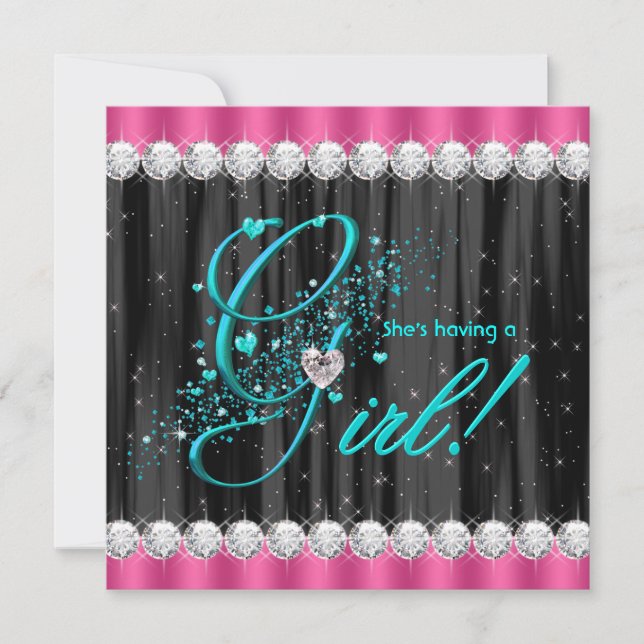 Invitation Baby Shower Fille Rose Chaud et Turquoise (Devant)