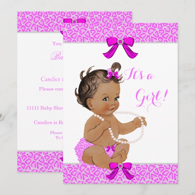 Invitation Baby Shower Fille Rose Chaud Léopard Perles Brunet (Devant / Derrière)