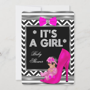 Invitation Baby Shower Fille Rose Chaussure de Bébé Chevron