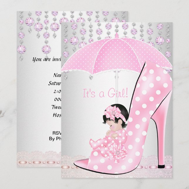 Invitation Baby Shower Fille Rose Chaussure de Bébé Diamant 2 (Devant / Derrière)