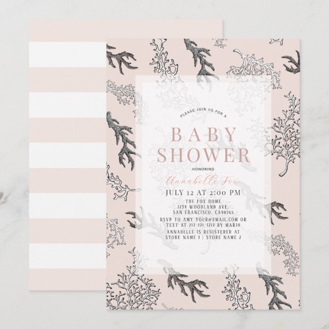 Invitation Baby Shower Fille Rose Clair Motif Corail (Devant / Derrière)