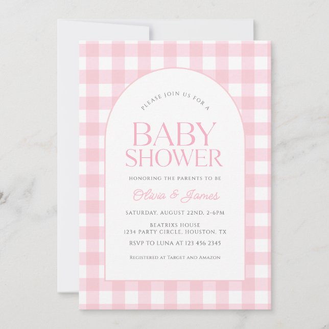 Invitation Baby shower fille rose classique En vichy (Devant)