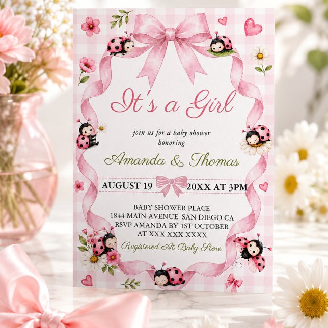 Invitation Baby Shower Fille Rose Coccinelle (Créateur téléchargé)