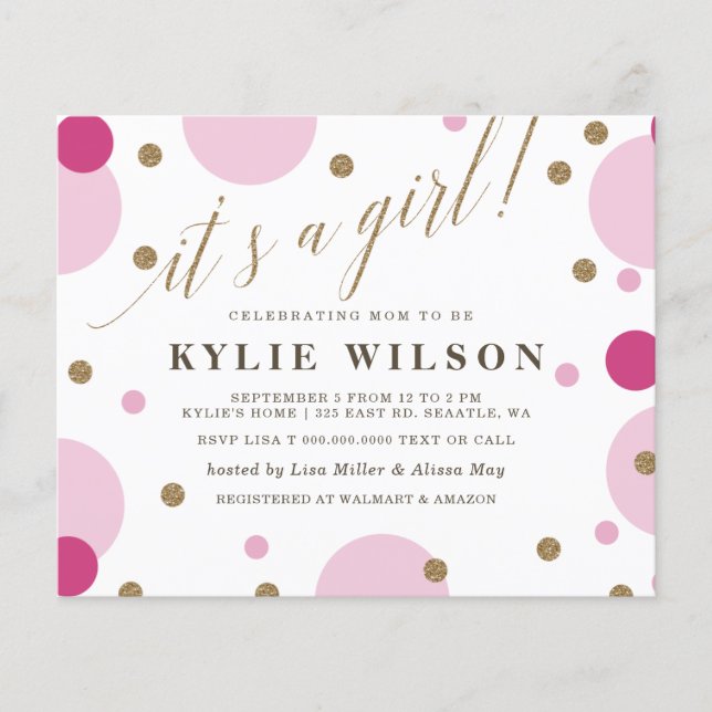 Invitation Baby shower fille rose Confetti Budget (Devant)