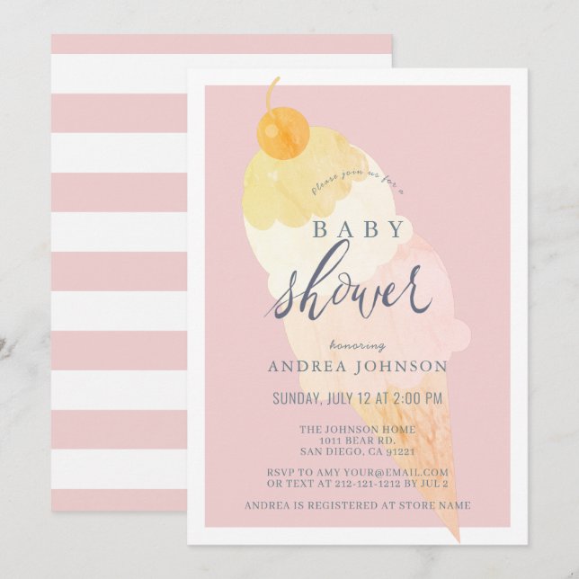 Invitation Baby shower fille rose crème glacée (Devant / Derrière)