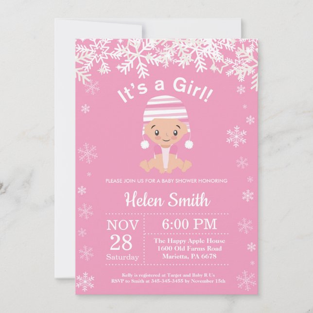 Invitation Baby shower Fille Rose d'hiver (Devant)