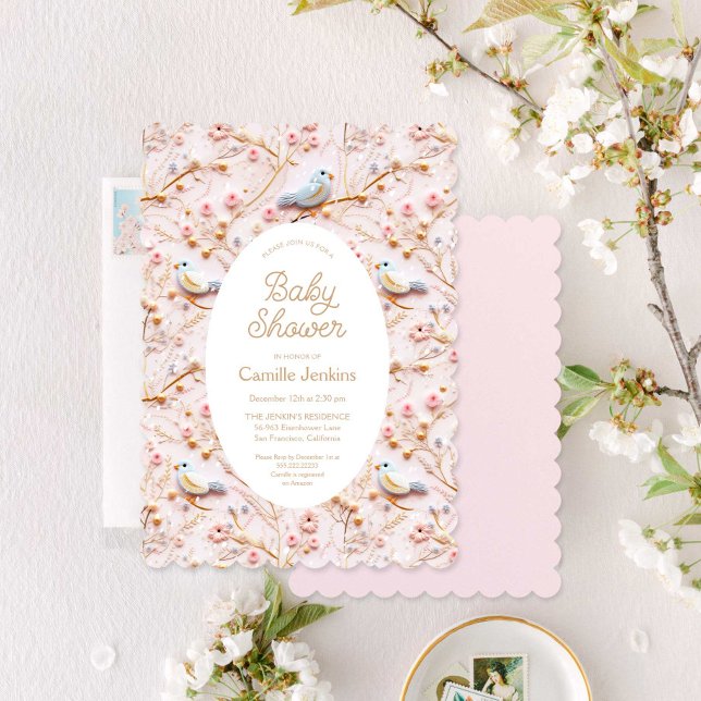 Invitation Baby shower Fille Rose d'hiver (Winter Pink Floral Girl Baby Shower Invitation)