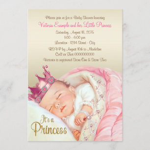 Invitation Baby Shower Fille Rose Doré Princesse Vintage