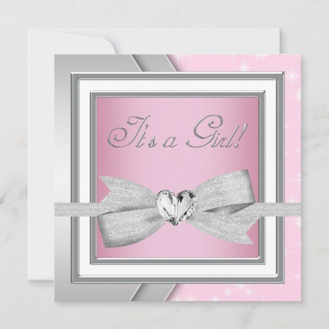 Invitation Baby Shower Fille Rose Élégant Argent (Devant)