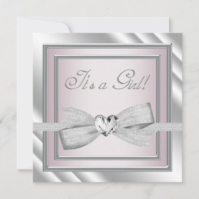 Invitation Baby Shower Fille Rose Élégant Argent (Devant)