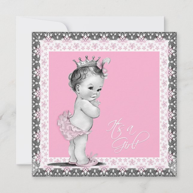 Invitation Baby Shower Fille Rose et Gris (Devant)