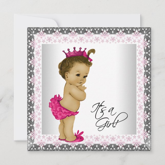 Invitation Baby Shower Fille Rose et Gris (Devant)