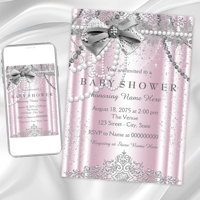 Invitation Baby shower fille rose et gris Pearl (Elegant pink silver baby shower invitation. Instant download and printed invitations available.)