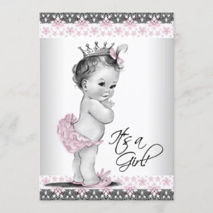 Invitation Baby Shower Fille Rose et Gris Vintage