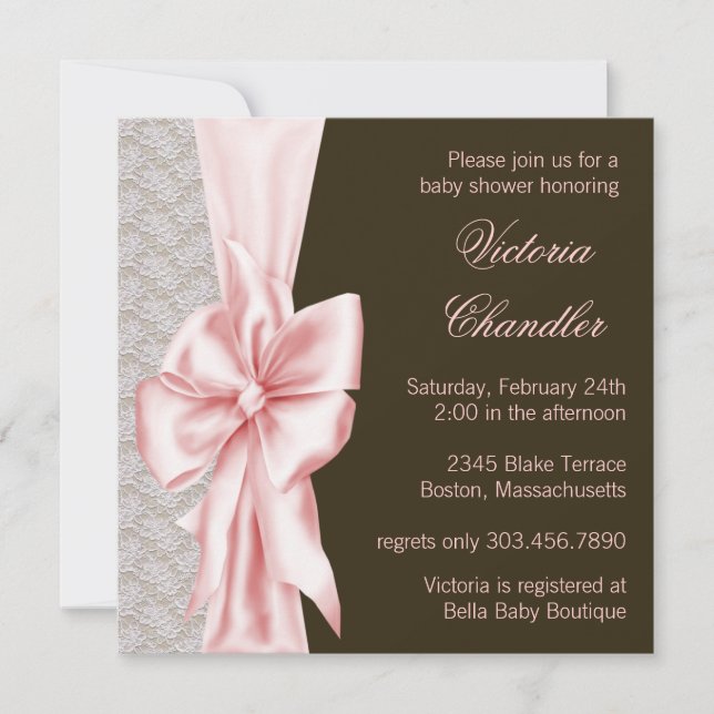 Invitation Baby Shower Fille Rose et Marron Élégant (Devant)