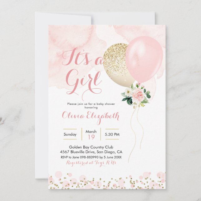 Invitation Baby shower fille rose et or (Devant)