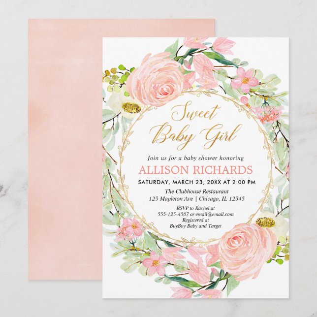 Invitation Baby shower fille rose et or floral (Devant / Derrière)