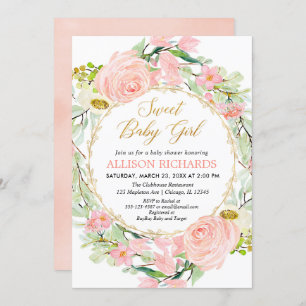 Invitation Baby shower fille rose et or floral