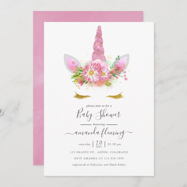 Invitation Baby shower fille rose et or Floral Unicorn (Devant / Derrière)