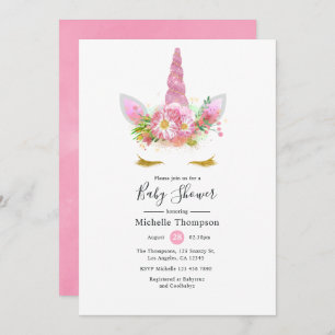 Invitation Baby shower fille rose et or Floral Unicorn