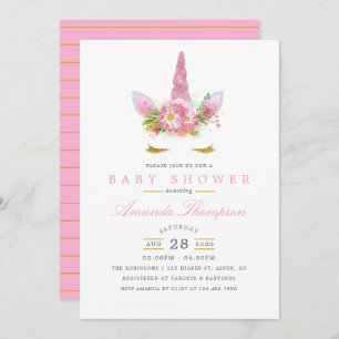 Invitation Baby shower fille rose et or Floral Unicorn
