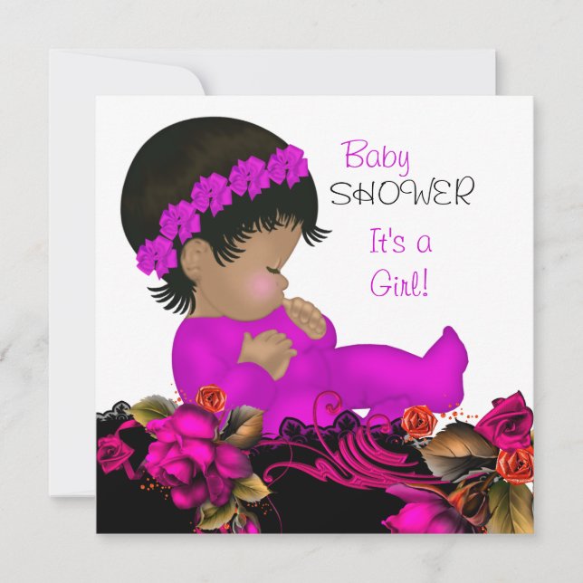 Invitation Baby Shower Fille Rose Fleurs Rose Violet 3b (Devant)