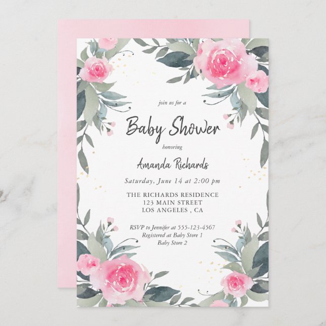 Invitation Baby shower Fille Rose Floral (Devant / Derrière)