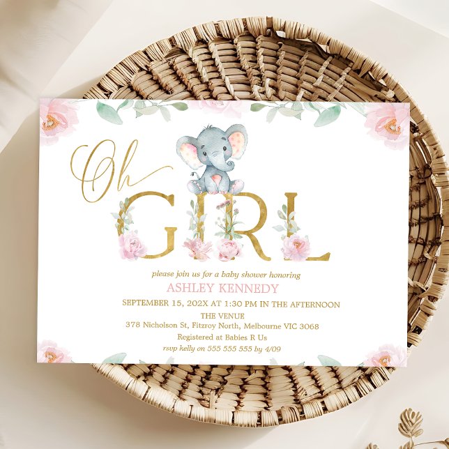 Invitation Baby shower Fille Rose Floral Elephant (Girls Elephant Baby Shower Invitation, Floral Elephant Baby Shower Invitation Template, Oh Girl Baby)