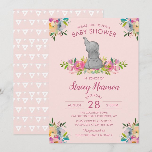 Invitation Baby shower Fille Rose Floral Elephant (Devant / Derrière)
