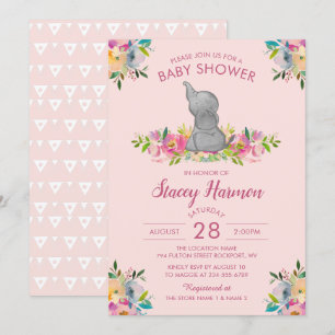 Invitation Baby shower Fille Rose Floral Elephant