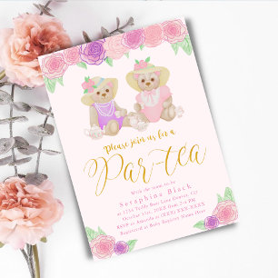 Invitation Baby shower Fille Rose Floral Teddy Bear Tea Party