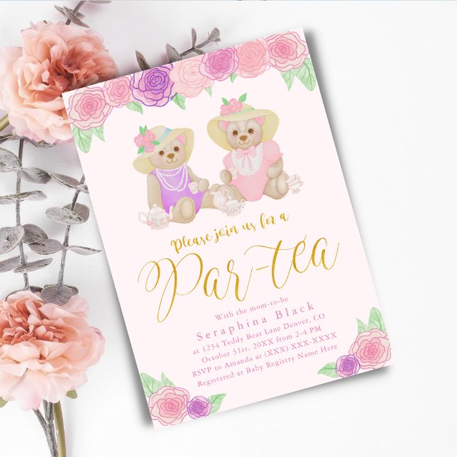 Invitation Baby shower Fille Rose Floral Teddy Bear Tea Party (Créateur téléchargé)