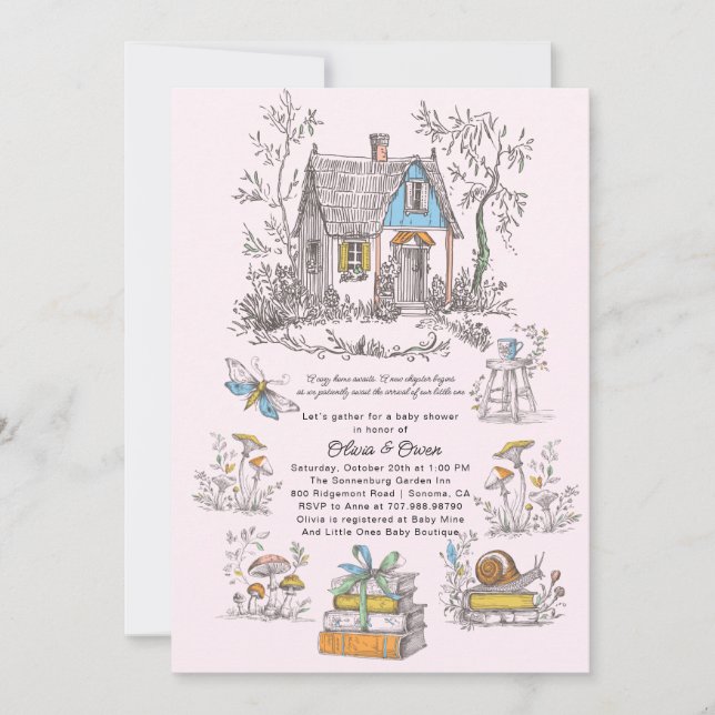 Invitation Baby Shower Fille Rose Forêt de Champignons (Devant)
