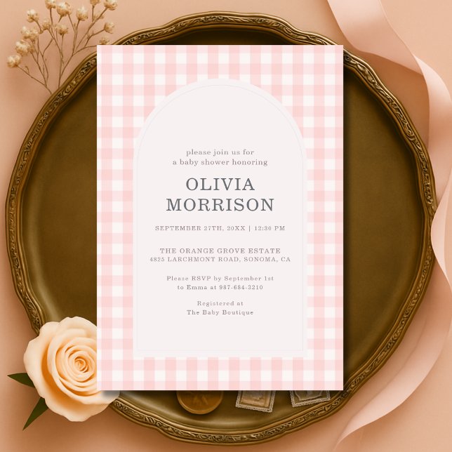 Invitation Baby Shower Fille Rose Gingham (Créateur téléchargé)