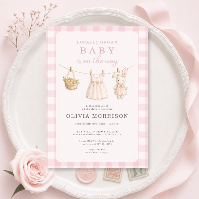Invitation Baby Shower Fille Rose Gingham de Fabrication Loca (Créateur téléchargé)