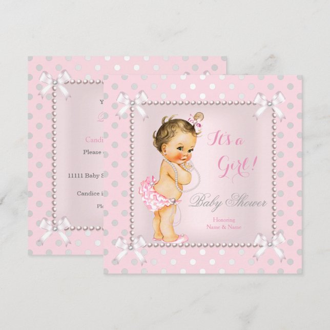 Invitation Baby Shower Fille Rose Gris Perle Brune (Devant / Derrière)