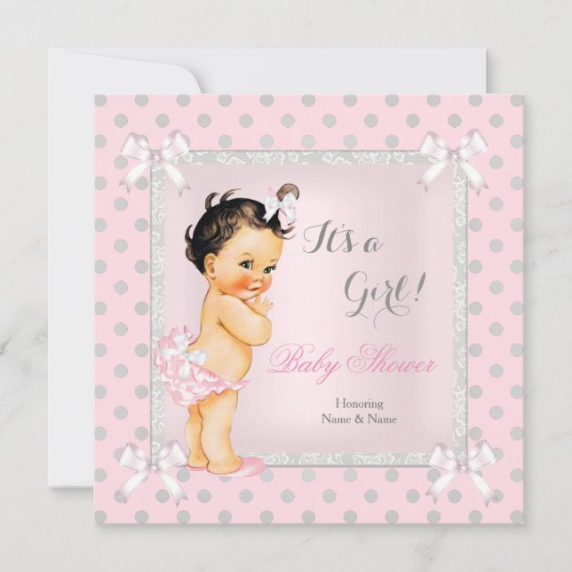Invitation Baby Shower Fille Rose Gris Points Brunette (Devant)