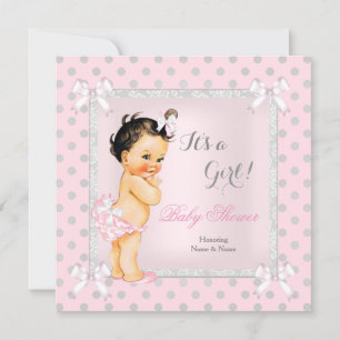 Invitation Baby Shower Fille Rose Gris Points Brunette