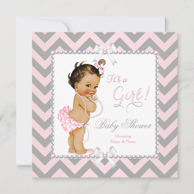 Invitation Baby Shower Fille Rose Gris Rayure Blanche Brune (Devant)