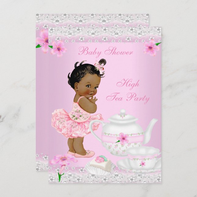 Invitation Baby shower Fille Rose High Tea Party Ethnique (Devant / Derrière)