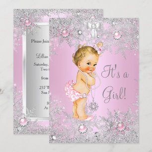 Invitation Baby Shower Fille Rose Hiver WonderLand Blonde