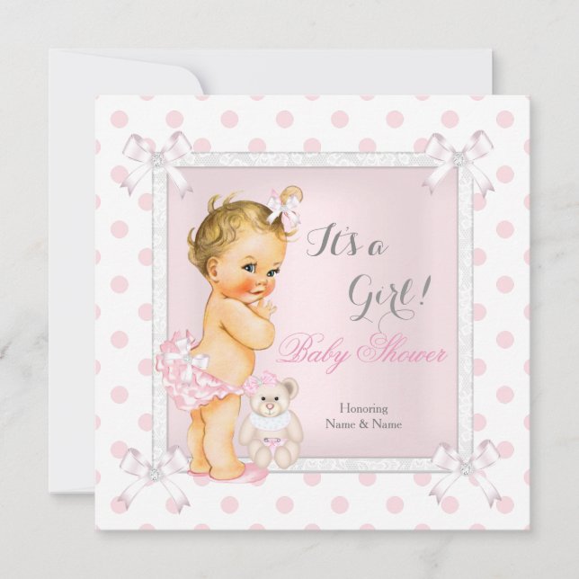 Invitation Baby Shower Fille Rose Jouet Points Blonds (Devant)
