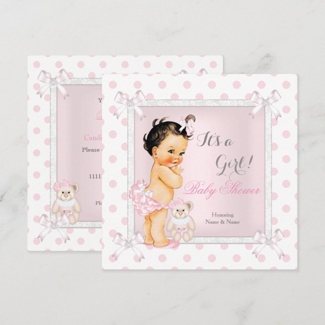 Invitation Baby Shower Fille Rose Jouet Points Brunette (Devant / Derrière)