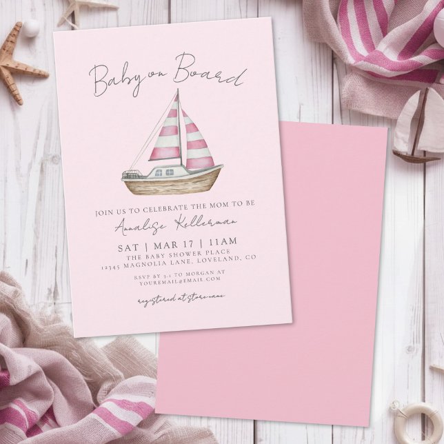 Invitation Baby Shower Fille Rose Marin (Nautical Pink Girl Baby Shower Invitation )