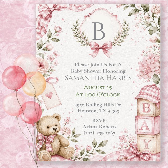Invitation Baby Shower Fille Rose Monogramme  (Créateur téléchargé)