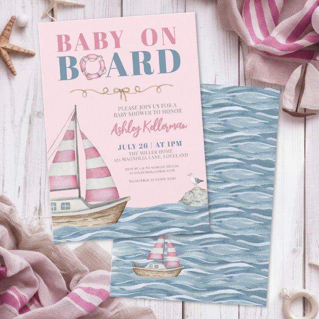 Invitation Baby Shower Fille Rose Nautique (Nautical Pink Girl Baby Shower Invitation)