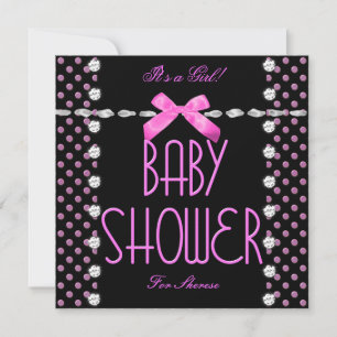 Invitation Baby Shower Fille Rose Noir Blanc Points