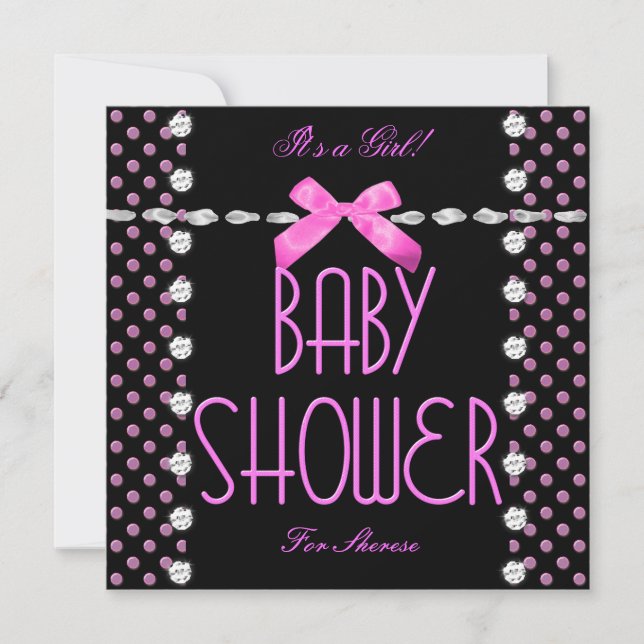 Invitation Baby shower fille rose noir blanc Polka point (Devant)